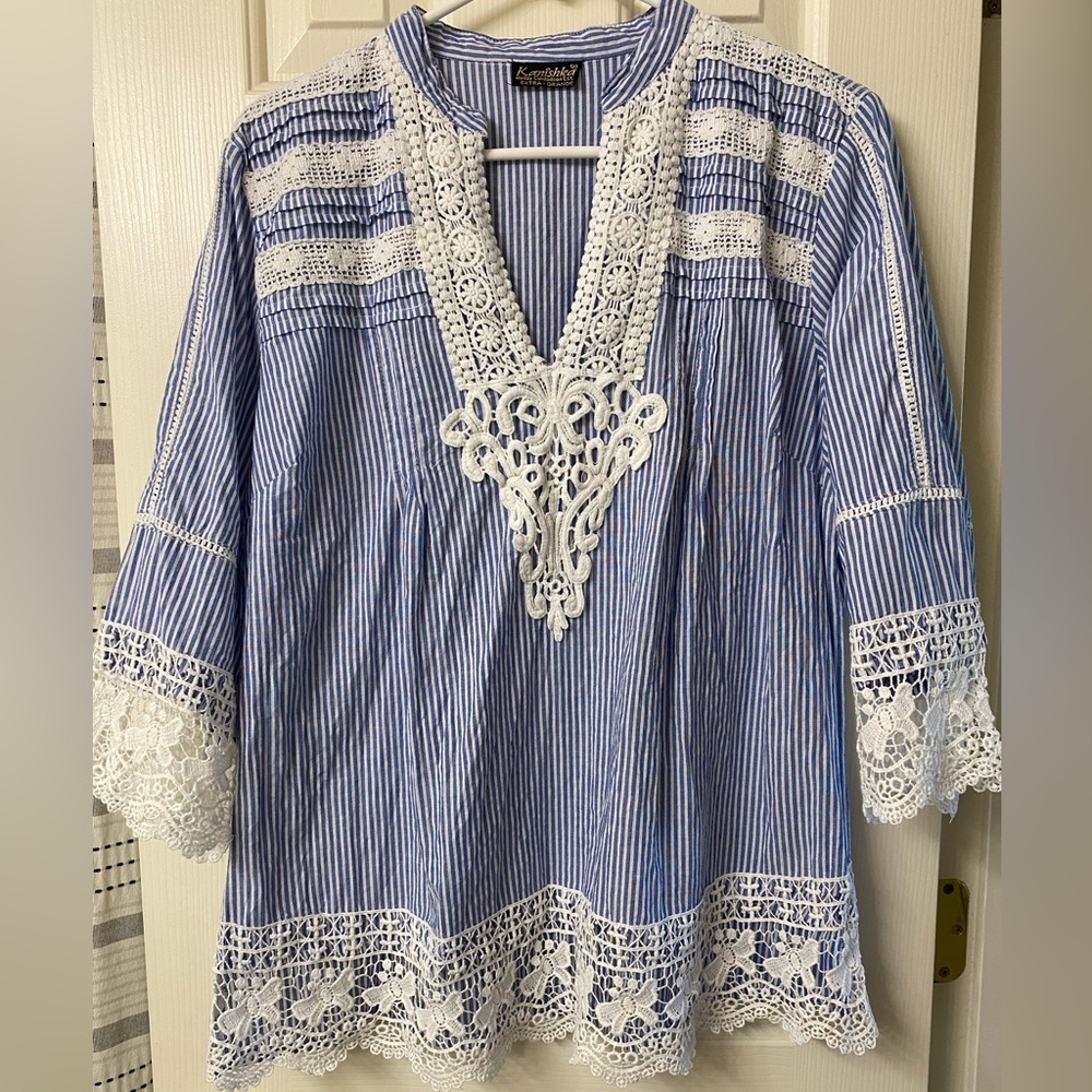 Karen Millen Blue & White Striped Lace-Trim Peasant Blouse